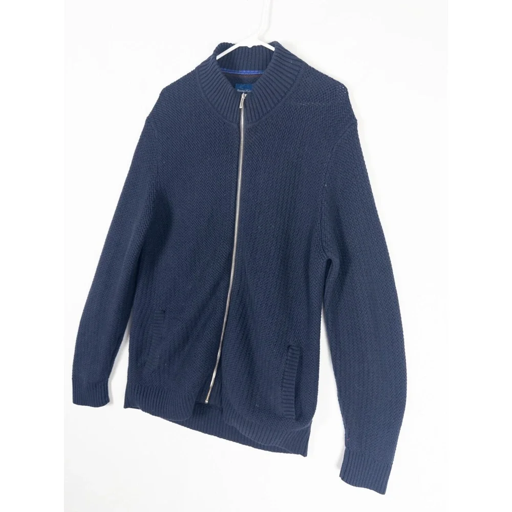 Tommy Bahama Sweater Mens L‎ Blue Knit Heavyweght Fisherman Full Zip Heavyweight